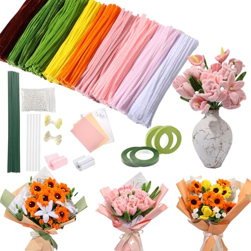 ToKinCen 900 Stück Pfeifenreiniger Blumenstrauß Set, Pfeifenreiniger zum Basteln 9 Farben Pipe Cleaner mit 50 Stück Grünem Bastelfaden, Geeignet als Weihnachten, Valentinstag, Geschenk zum Muttertag
