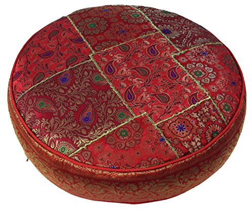 GURU SHOP Orientalisches Rundes Patchwork Kissen 50 cm, Sitzkissen, Bodenkissen mit Baumwollfüllung - Rot, Synthetisch
