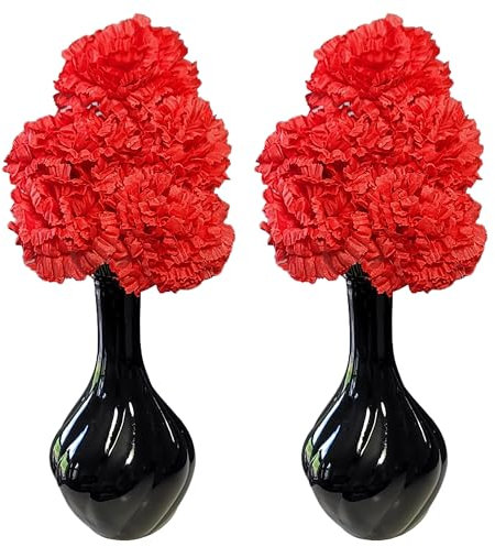 Matching Pair of Black Vases with Red and Black Artificial Flowers, Ornaments for Living Room, Window Sill, Home Accessories, 32cm