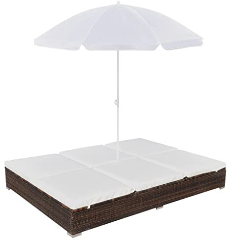 vidaXL Chaise Longue d'Extérieur avec Parasol Transat de Patio Bain de Soleil de Jardin Chaise Longue d'Extérieur Terrasse Plage Résine Tressée Marron
