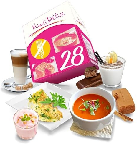 Régime hyperprotéiné sur 28 jours spécial sans gluten - Perte de poids jusqu'à 9 kilos - Pack de 66 produits + 1 shaker + 1 guide minceur avec programme détaillé