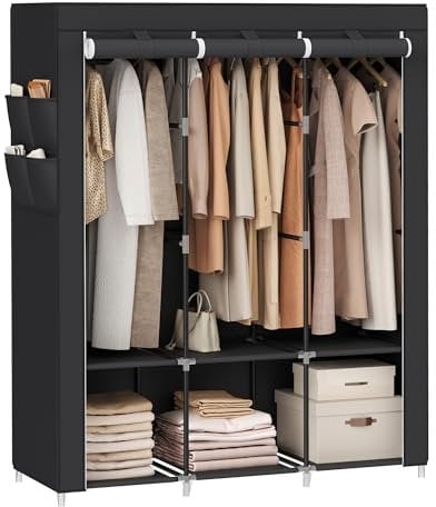 SONGMICS Armario, 3 Barras de Ropa, Estantes, 4 Bolsillos Laterales, Almacenamiento, de Tela, Perchero, Plegable, 45 x 130 x 167 cm, Negro Tinta RYG092B02