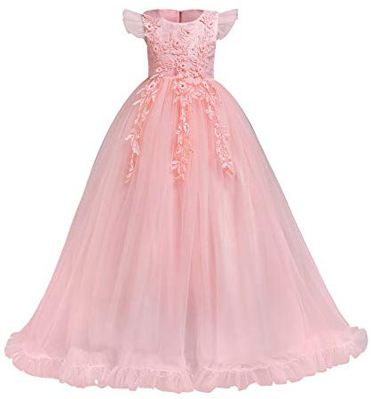 IWEMEK Robe de Mariage Soirée Fille Princesse Anniversaire Formelle Fête Communion Longue Tulle Robes Brodées en Dentelle Fleur Robe Demoiselle d'honneur Carnaval Baptême Pageant Rose 13-14 Ans