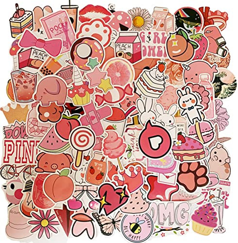 100 Pink Stickers for Water Bottles, Kawaii Aesthetic Stickers for Laptop Hydro Flask Skateboard, Waterproof Vinyl Sticker for Kids Teens Girls