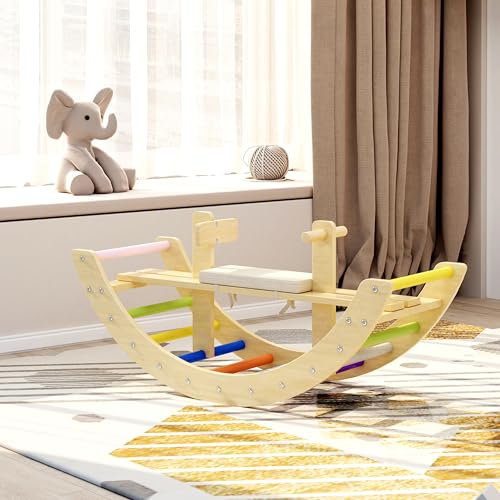 BanaSuper Hölzerner Schaukelpferdbogen für Kleinkinder Waldorf Rocker Kletterleiterbogen Montessori Fitnessspielzeug für Kinder (Regenbogen)
