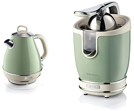 Ariete Vintage 2869 Bouilloire Électrique en Acier Inoxydable, 1,7 L & 413 Presse-agrumes vintage électrique avec levier, 2 cônes pour fruits grands et petits, bec anti-goutte, moteur silencieux, vert
