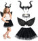 HONMOK 4 Stück Königin Hörner Kostüm Kinder Schwarz Tutu mit Maleficent Hörner Haarreif Flügel Halskette Böse Königin Halloween Kostüm Mädchen Teufel Cosplay für Halloween Karneval Fasching