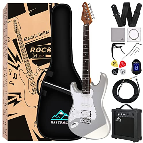Eastrock 39 inch Full-Size Electric Guitar Kit for Junior Beginners, Starter Electric Guitar with 10w Amplifier Bag Capo Shoulder Strap String (Gray, 39 Left Handed)
