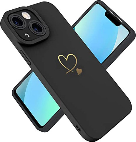 Paitech für iPhone 13 Hülle, Hanyhülle iPhone 13 Ultra Dünn Weiche TPU Silikon Case Stoßfeste Schutzhülle Kameraschutz mit Niedliche Gold Liebesherzform Muster für iPhone 13 Hülle, Schwarz