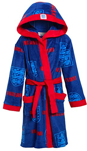 Official England Football Dressing Gown For Kids Hooded Bathrobe Boys Girls Fleece England Euro 2024 Robe Warm House Coat with Pockets Robe Blue Red Classic 13 Years