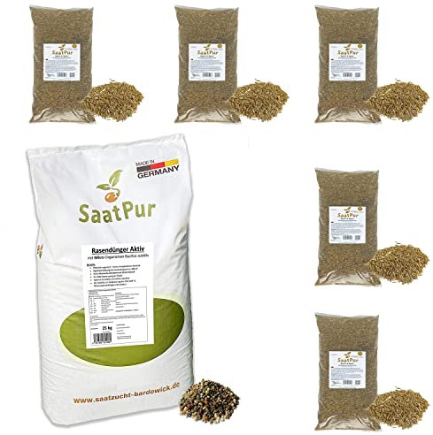 SaatPur® Set aus 25 kg Rasendünger Aktiv und 5 x 1kg Rasensamen Sport & Spiel, Dünger für ca. 400-500 m², NPK-Dünger 14+4+10, Rasen für ca. 200 m², Mehrjähriger Gebrauchsrasen