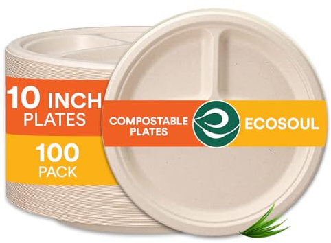 ECO SOUL [25 cm, 100 Stück, 3-geteilt | Kompostierbare Bagasse Teller rund | Umweltfreundliche Einweg-Teller biologisch abbaubar | Für Party, Hochzeit, Events
