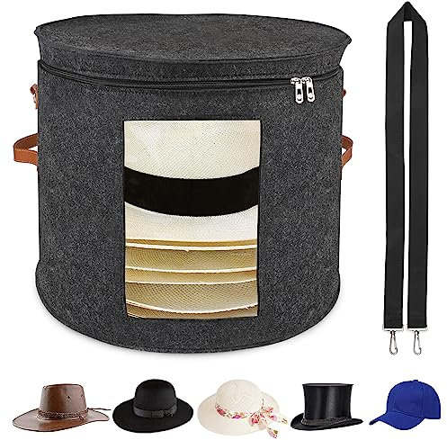 VanlonPro Large Hat Storage Box for Women & Men, 19 D x 17 H Oversized Hat Box Organizer，Foldable Round Travel Hat Boxes with Dustproof Lid, Stuffed Toy Storage Bin Bag (Dark Gray)