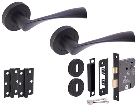 Hunta HANDLEZONE® Zena Door Handles on Rose 3 Lever Lock Pack with Ball Bearing Hinges - Black Matt
