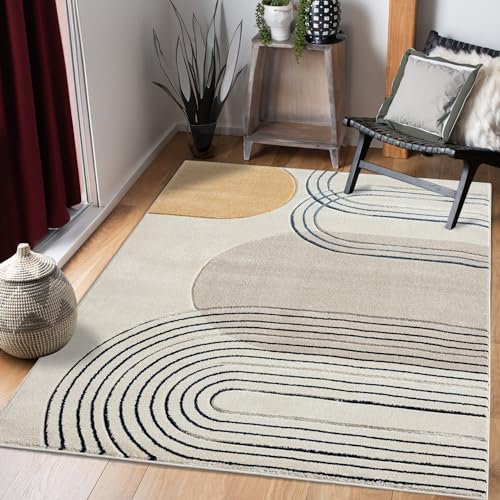 payé Teppich Wohnzimmer Kurzflor Beige - 200x290cm - Boho Geometrisch Modern Skandinavisch Wohnteppich Schlafzimmer