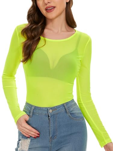 Women's Mesh Tops See Through Shirts Long Sleeve Bodycon Sheer Blouse Clubwear, A Neon Green, XL