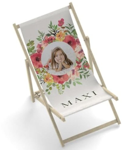 easyprint Holz Liegestuhl | mit Foto + Name personalisiert | Blumen | Flower | Klappbar | Sonnenliege | bedruckbar | Stoffbezug | farblos lasiert | zusammenklappbar | Geschenk | Family