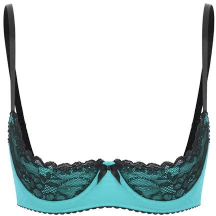 FEESHOW Womens Contrast Lingerie Underwear Spaghetti Straps Underwire Half Cup Push Up Balconette Turquoise S