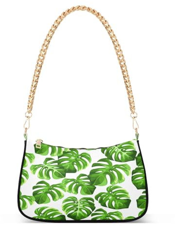 Chain Shoulder Bag for Women Tropical Green Monstera Leaves Tote Hobo Handbag Underarm Ladies Small Crossbody Bag Zipper