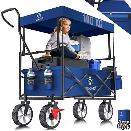 KESSER® Bollerwagen faltbar mit Dach Handwagen Transportkarre Gerätewagen klappbar mit 360° drehbare Vorder-Räder, Vorderrad-Bremse & Vollgummi-Reifen inkl. XXL Außen-Tasche, 2 Netztaschen & Abdeckung