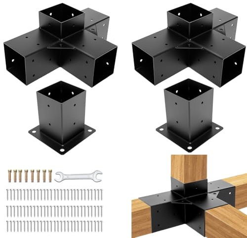 TOPTGO Kit de pergola, 4 supports d'angle à angle droit (réels : 8,9 x 8,9 cm) avec bases de poteaux pour poutres en bois, tonnelles, abris de terrasse