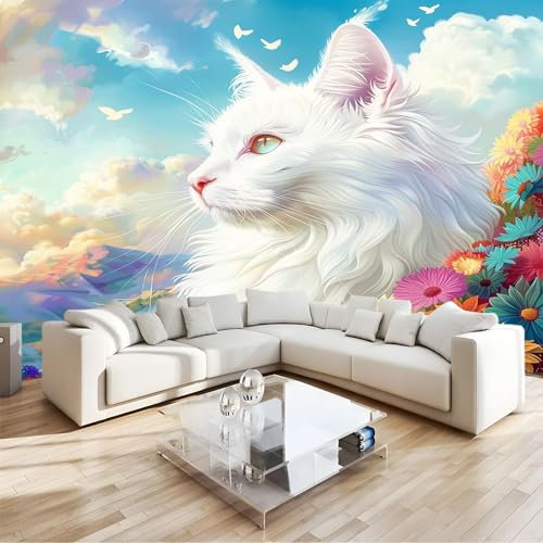 Photo Murale Chat Blanc Chrysanthème Motif 400 x 280 cm - Papier peint non tissé pour enfants et adultes - Image panoramique Déco Maison - Décorative Tenture Murale Appartement Décoration