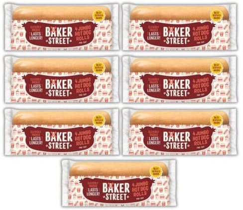 Jumbo Hot Dog Buns Rolls Pre-Cut Baker Streets (7 Bags of 4 (Total 28 Buns))
