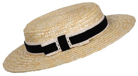 Women's Straw Boater Hat 1940s Vintage Very Low Fascinator Base Mini Top Hat with Velvet and Crochet Ribbon, Natural and Black Bow, M/L