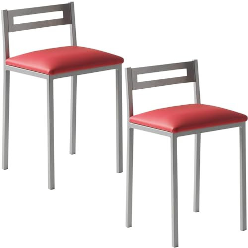 MOMMAHOME® Taburetes de Cocina - Pack 2 Taburetes de Cocina, Banquetas, Taburete Bar, Material Metal/Ecopiel, MOLI, Medidas 34x34x65cm (Rojo/Plata)