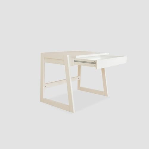 WOMONY Schreibtisch für Kinder mit Schublade, 100 x 65 x 75 cm, Fichte, Massivholz (Weiß Lackiert)