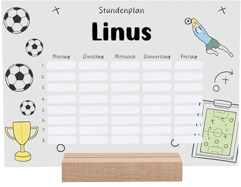 Stundenplan abwischbar personalisiert mit Namen + Holzhalter und Stift - DIN A4 - Personalisierte Fussball Geschenke - Abwischbarer Stundenplan Junge - Schulstart - Fussball Geschenke Jungen/Mädchen