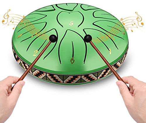 Ovshnrr Tambor de Lengüeta de Acero de 6 Pulgadas y 11 Tonos Tambores de Hendidura Instrumento de Percusión Handpan Tongue Drum con Bolsa de Viaje, par de mazos,púas de Dedo