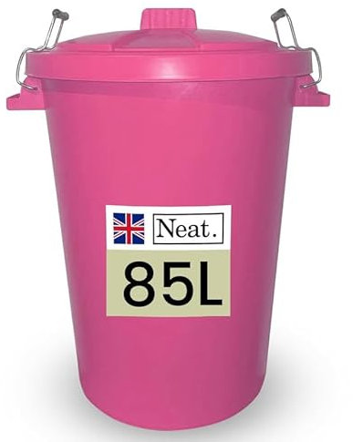 Neat. Extra Large Plastic Dustbin with Clip Locking Lid - Heavy Duty Garden Bin for Rubbish, Recycling, Animal Feed, and Storage, 85 Litre, Pink, Pack of 3