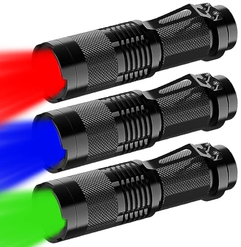 HYVCZP 3Pack Red Green Blue Light LED Torch,Adjustable Focus Flashlight,4 Lighting Modes,Super Bright,Waterproof Pocket Size,Small Torch for Power Cut,Emergency, Camping, Hiking,Night Fishing,Outdoor