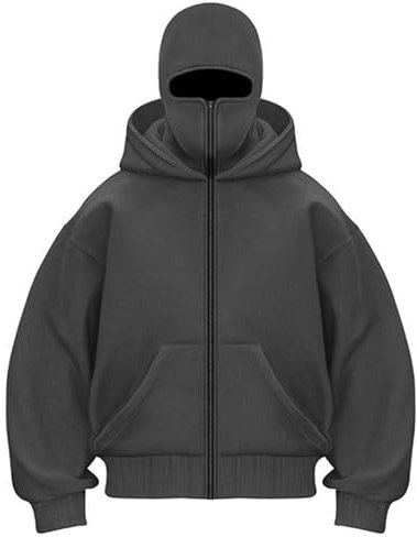 PADOLA Balaclava Zip Hoodie Herren Ninja Kapuzenpullover mit Sturmhaube Oversized Mask Jacke mit Doppel Kapuze Y2K Hoodie mit Fleece Winddichte Übergangsjacke Motor Fahrrad (M, 1 Dunkelgrau)