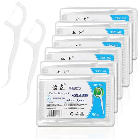 300 Pezzi Filo Interdentale - Sticks Filo Interdentale 0,05 mm - Plastica - Pulizia Doppio Filo - Per Casa, Viaggi, Uso Alberghiero (Bianco)