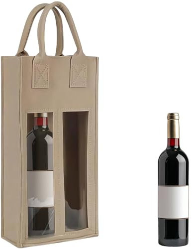 Double Wine Bag with Window, Felt Bottle Gift Bag with Handle Reusable Wine Carrier Tote Bag for Party Favors, Travel, Wedding, Christmas for Any Occasion (Beige)