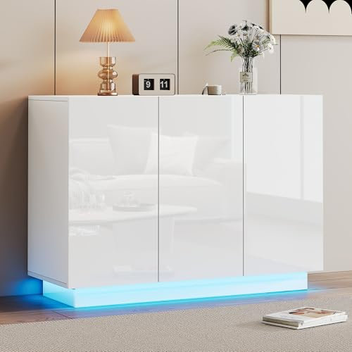 Merax Buffetschrank Sideboard Weiß Hochglanz, Moderne Vorratsschrank mit LED Beleuchtung, Esszimmerschrank mit 3 Türen, Mehrzweckschrank für Wohnzimmer, Schlafzimmer, Flur, verstellbare Regale, 120cm