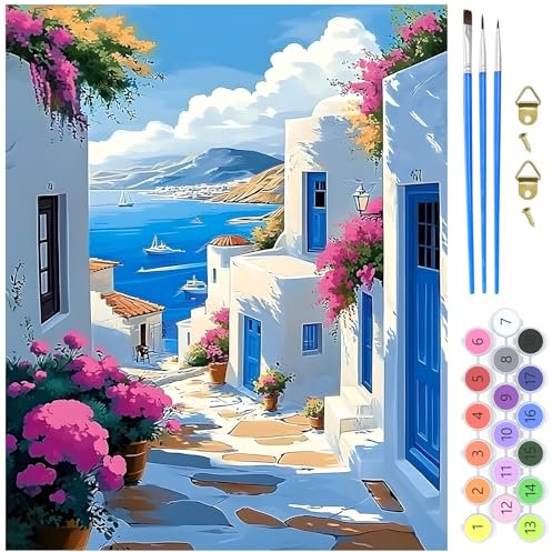 MXJSUA Santorini Pintar por Numeros Adultos, DIY Pintura por Numeros Cuadros para Pintar por Numeros Kit con Pinceles y Pinturas Acrilicos, 40x50cm