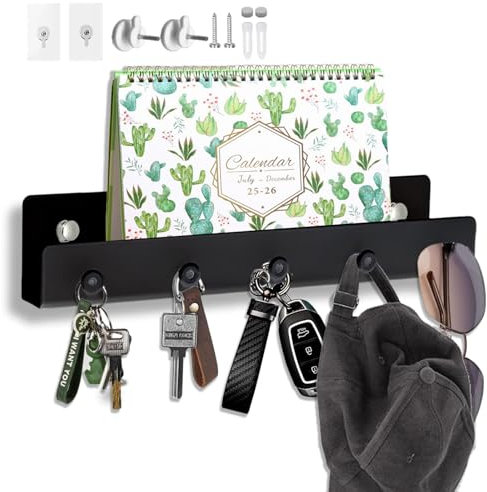 Echehi Porte Clef Mural en Métalavec 5 Crochets et Etagère, Trois Méthodes de Montage, pour Accrocher des Clés, des Manteaux, Parapluies, Lunettes de Soleil, Chaînes de Bijoux. Noir
