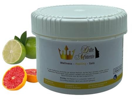 Dufte Momente | Sauna Salz Körperpeeling 500g Grapefruit-Limette | reinstes BIO-Meersalz | Pflegekomponente aus Argan-, Mandel-, Traubenkernöl | mit ätherischen Ölen | vegan und ohne Tierversuche