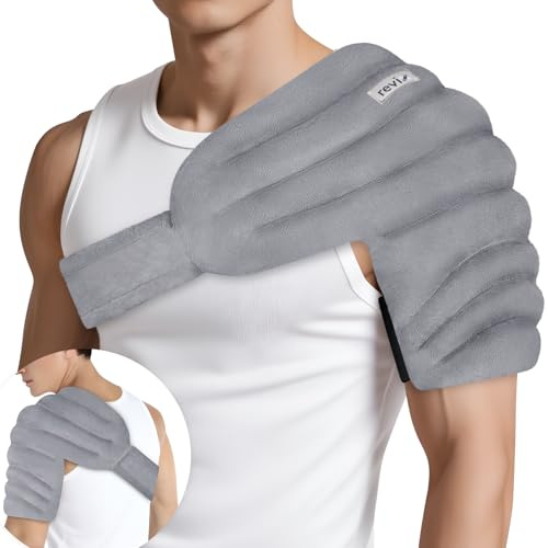 REVIX Shoulder Heating Pad Microwavable for Rotator Cuff, Moist Heat, Gray | Flaxseed Microwave Heating Pad, Adjustable Wrap for Adults, Shoulder Disomfort Relief, Reusable Hot Compress, XL