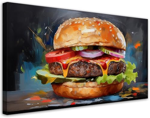 Feeby Leinwandbild - Bilder Wohnzimmer - Burger Sandwich Essen - 80x40 1tlg - Deko Schlafzimmer - Wanddekoration - Aesthetic - Groß Moderne Bild - Foto auf Leinwand