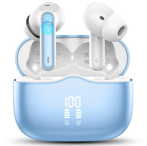 Auriculares Inalámbricos Bluetooth, Auriculares Bluetooth 5.4, 40H HiFi Estéreo Reducción de Ruido 4 Mic, IP7 Impermeable Cascos inalambricos con Pantalla LED, Carga Rápida, Ajuste Cómodo Azul Oscuro