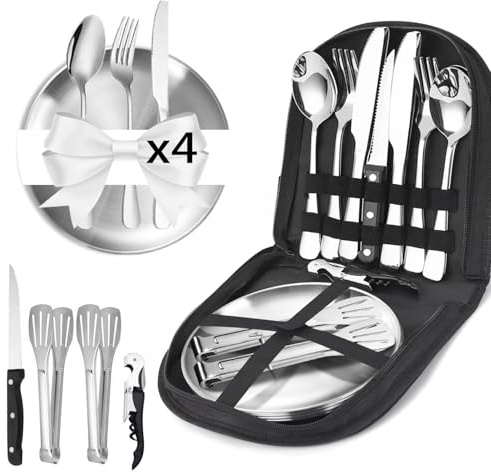 Camping Geschirr Set, Camping Besteck Edelstahl Inklusive Bestecktasche Edelstahl-Gabeln, Messer und Löffel,Wiederverwendbar für Camping,Picknick,Reisen,Outdoor