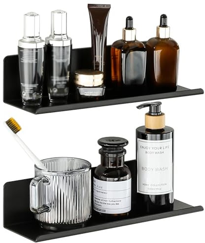 SAYAYO Etagere Douche Murale sans Perçage Salle de Bain, 30CM Noir | Rangement Douche Adhésif ou Visser, Étagère Salle de Bain en Métal Anti-Rouille, Tablette Murale pour Cuisine Chambre Salon