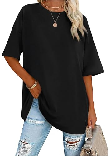 Demegimi T Shirt Femme Oversize Manches Courtes Haut Col Rond Décontracté pour Le Quotidien Le Travail Léger et Les Sorties d Été,Noir,XXL