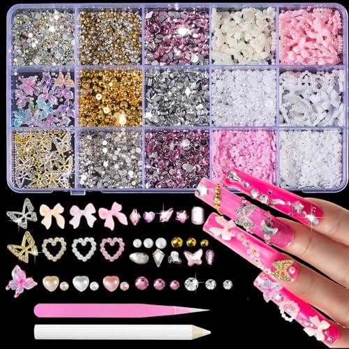 Tastetreasure 3000+ Pcs Nail Art Rhinestones & 3D Charms Kit, Mixed Resin Butterflies Flowers Bows & Flatback Gems with Free Tweezers & Wax Pen, Professional Bedazzling Set for DIY Crafts, Nails,