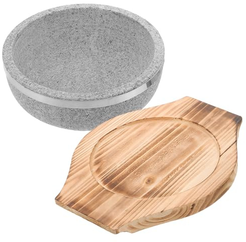 MAGICLULU Set de 1 Bol en Pierre Naturelle 800ml pour Bibimbap la Cuisine Coréenne avec Socle en Bois Léger Facile à Nettoyer Cuisine