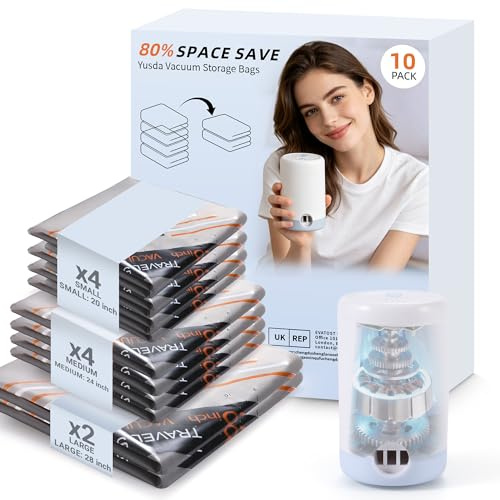 Vacuum Storage Bags for Travel with Wireless Electric Pump, Compression Vacuum Pack Bags for Clothes Reusable Space Saver Bag for Travel & Home, 10Pack, 4S/4M/2L